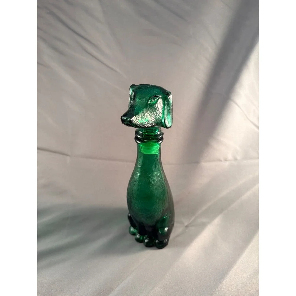 Vintage Emerald Green Glass Dachshund Dog Decanter Figural Bottle Textured 9.5in